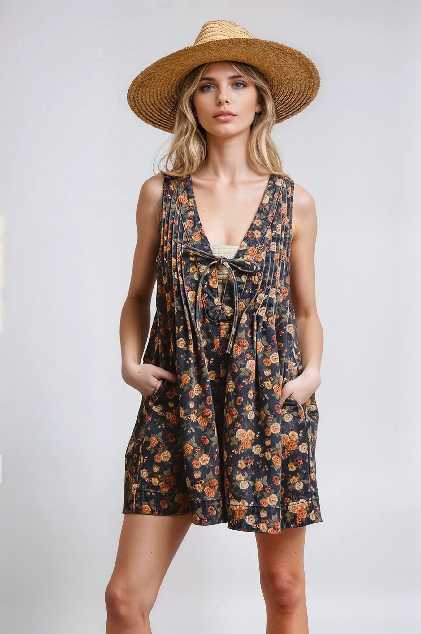Vintage floral print denim romper — view 4