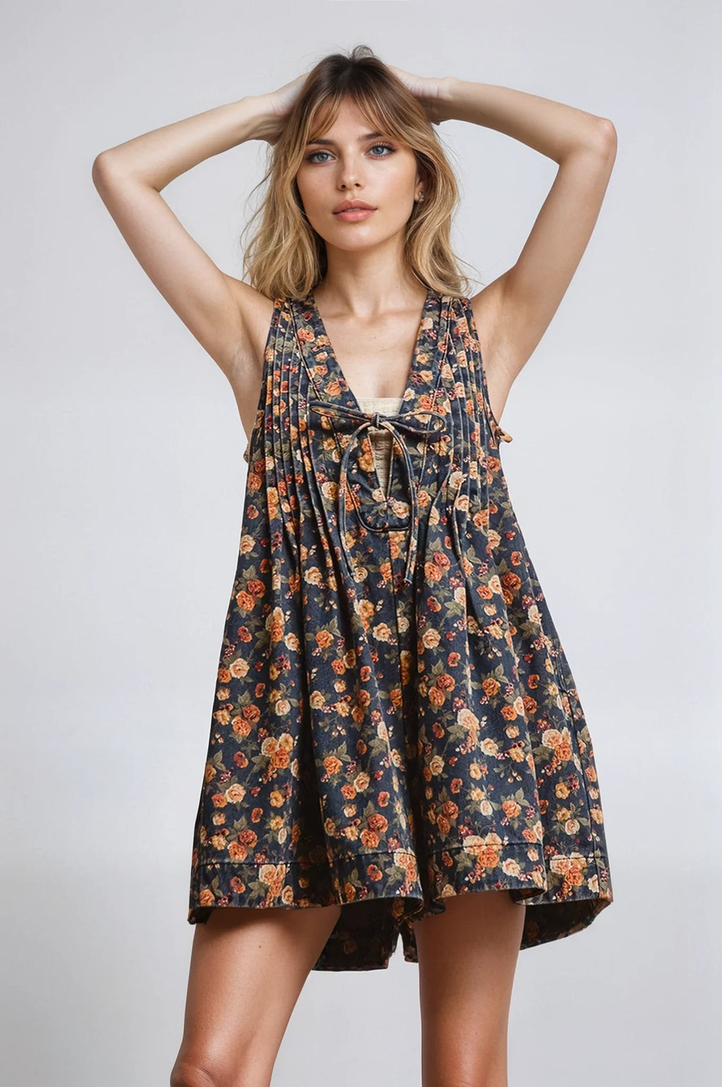 Vintage floral print denim romper — view 2