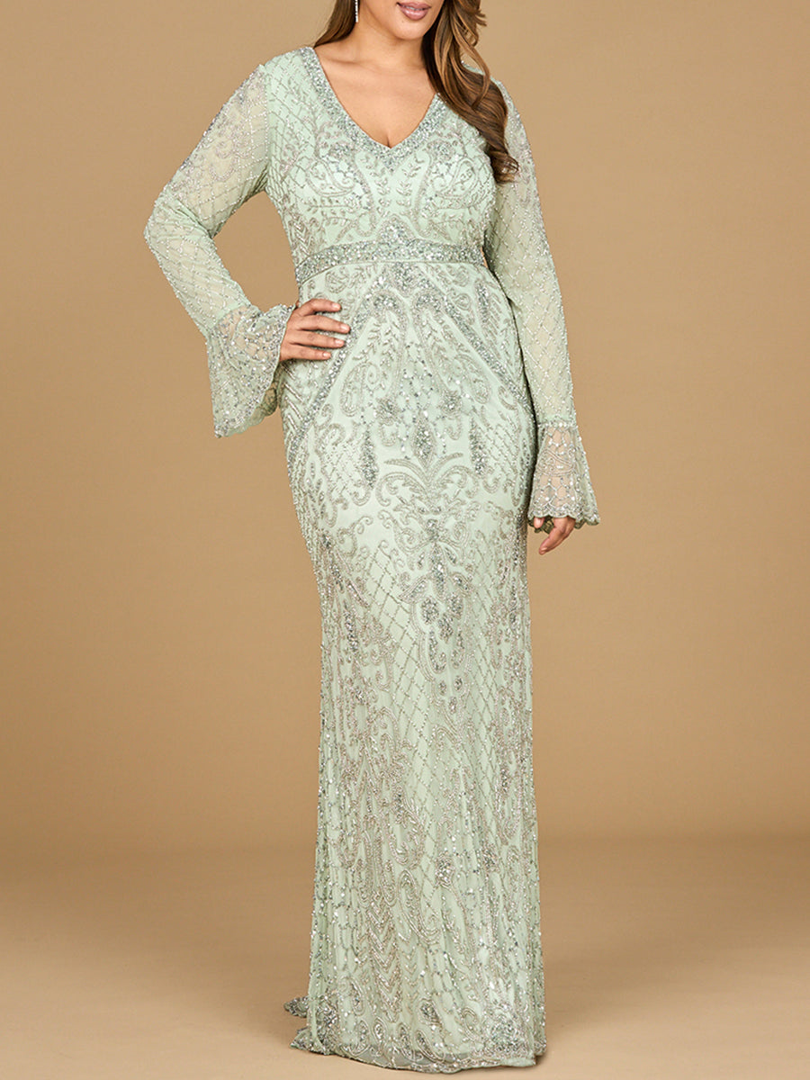 Beaded evening gown with bell sleeves and a V-neck