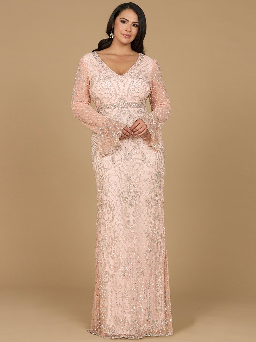Beaded evening gown with bell sleeves and a V-neck — view 3