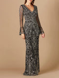Beaded evening gown with bell sleeves and a V-neck — view 2