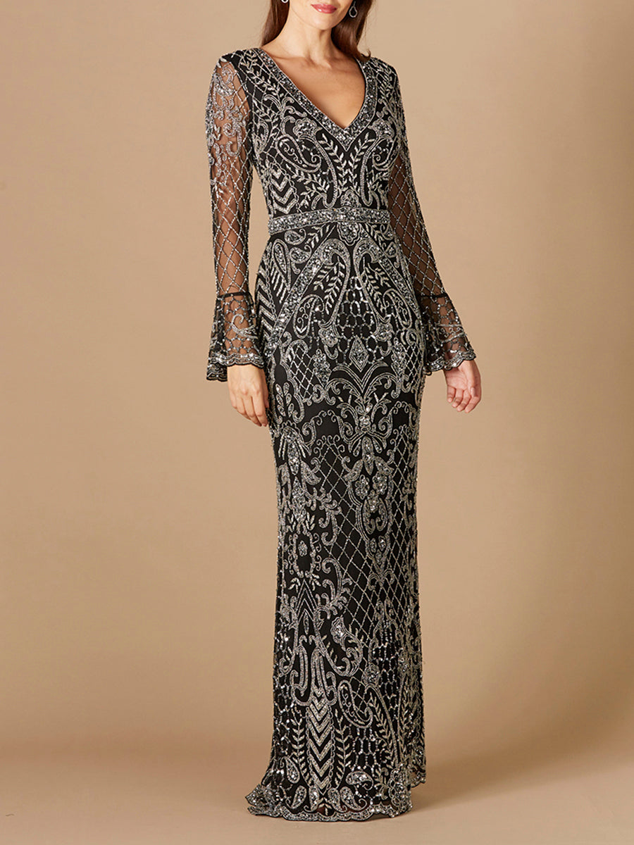 Beaded evening gown with bell sleeves and a V-neck — view 2