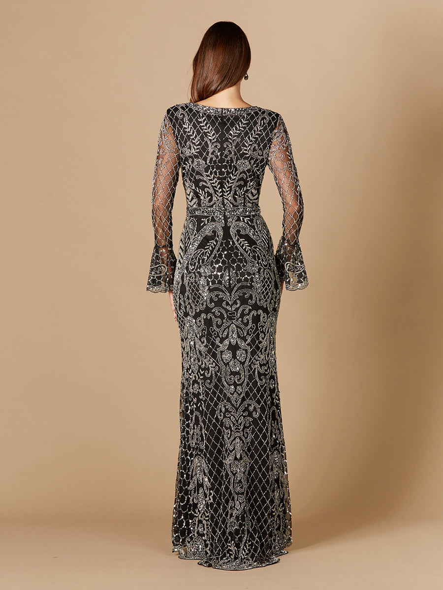Beaded evening gown with bell sleeves and a V-neck — view 4