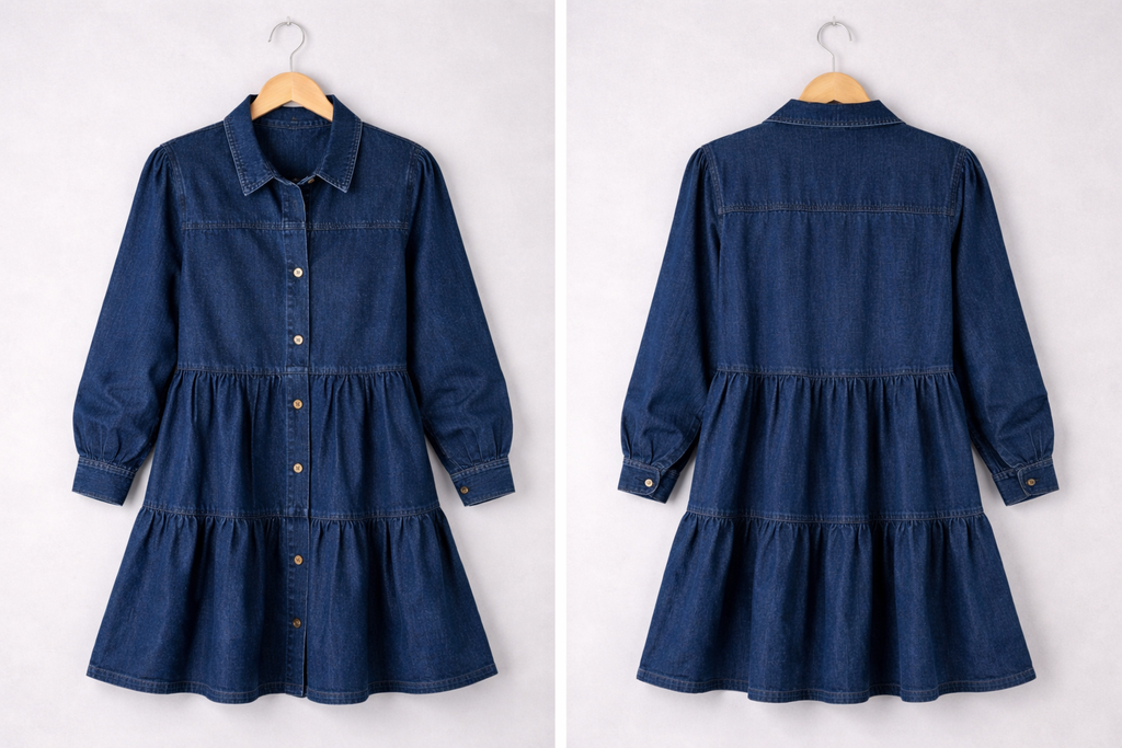 Button-down babydoll ruffle denim dress — view 4