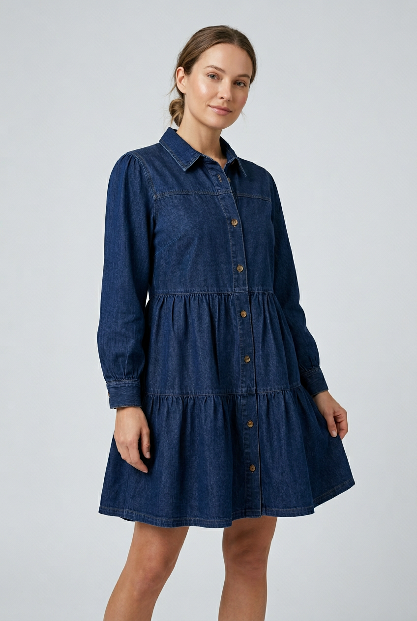 Button-down babydoll ruffle denim dress — view 3