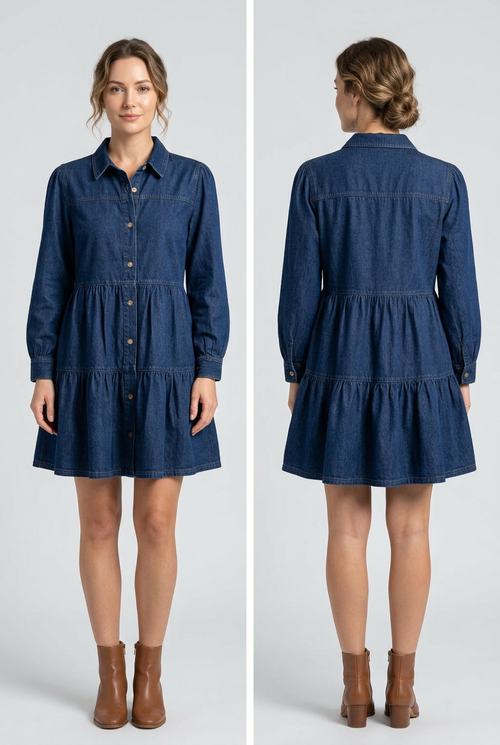 Button-down babydoll ruffle denim dress — view 2