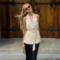 Khaki belted tailored sleeveless vest — view 2
