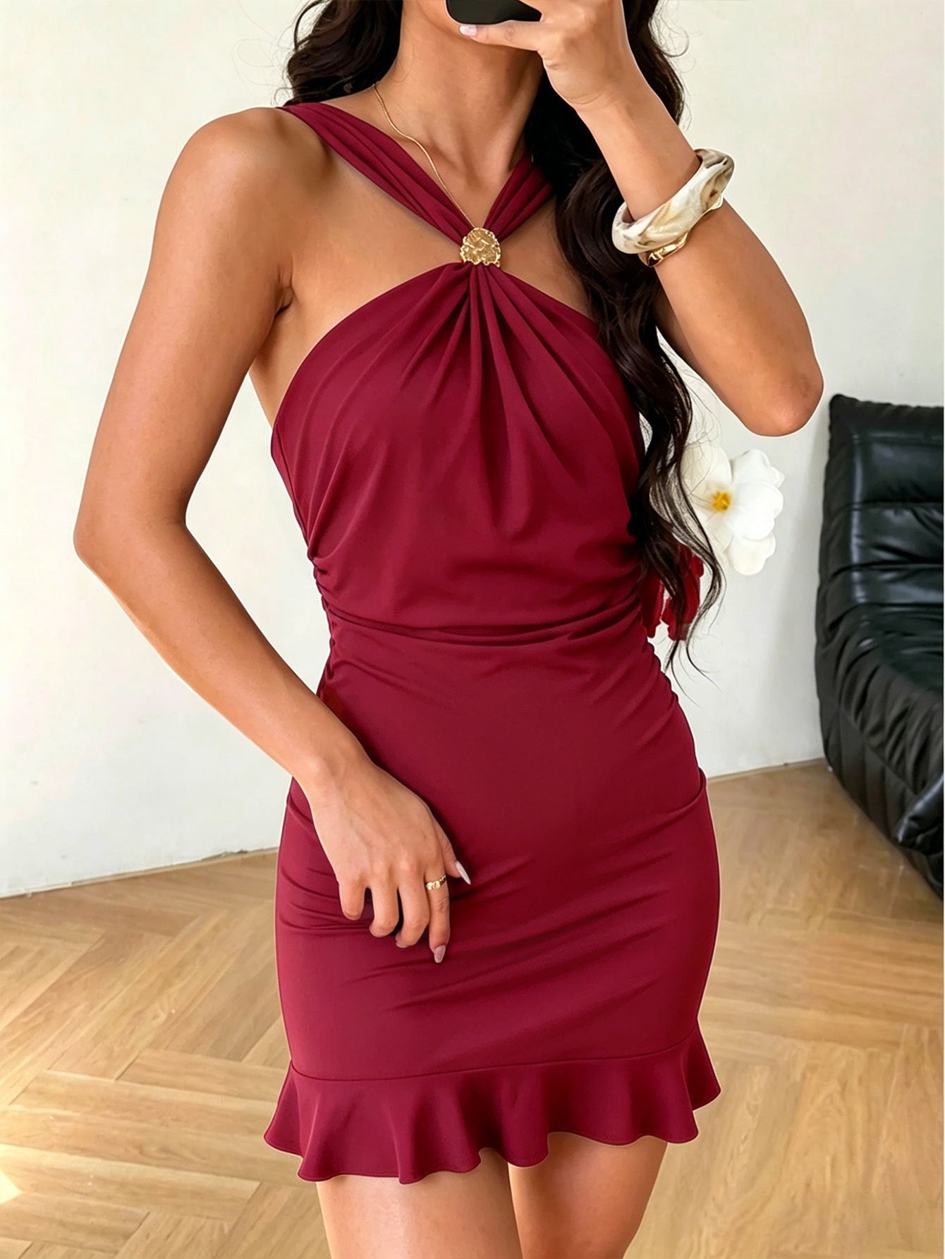 Ruched pleated bodycon midi dress — view 3