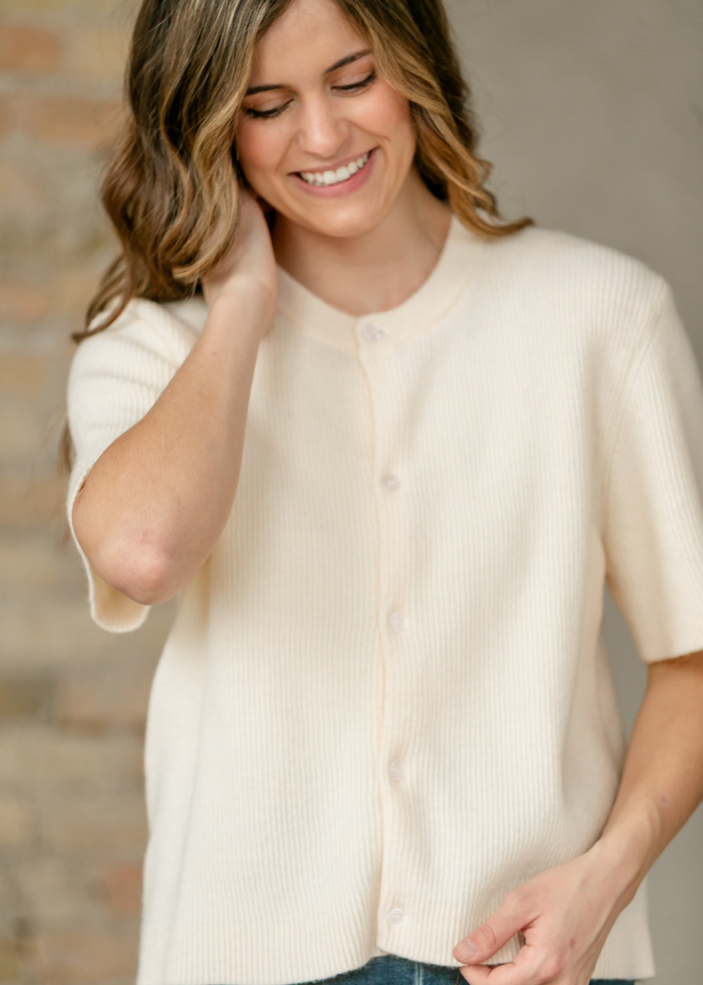 Ivory short-sleeve button cardigan — view 10