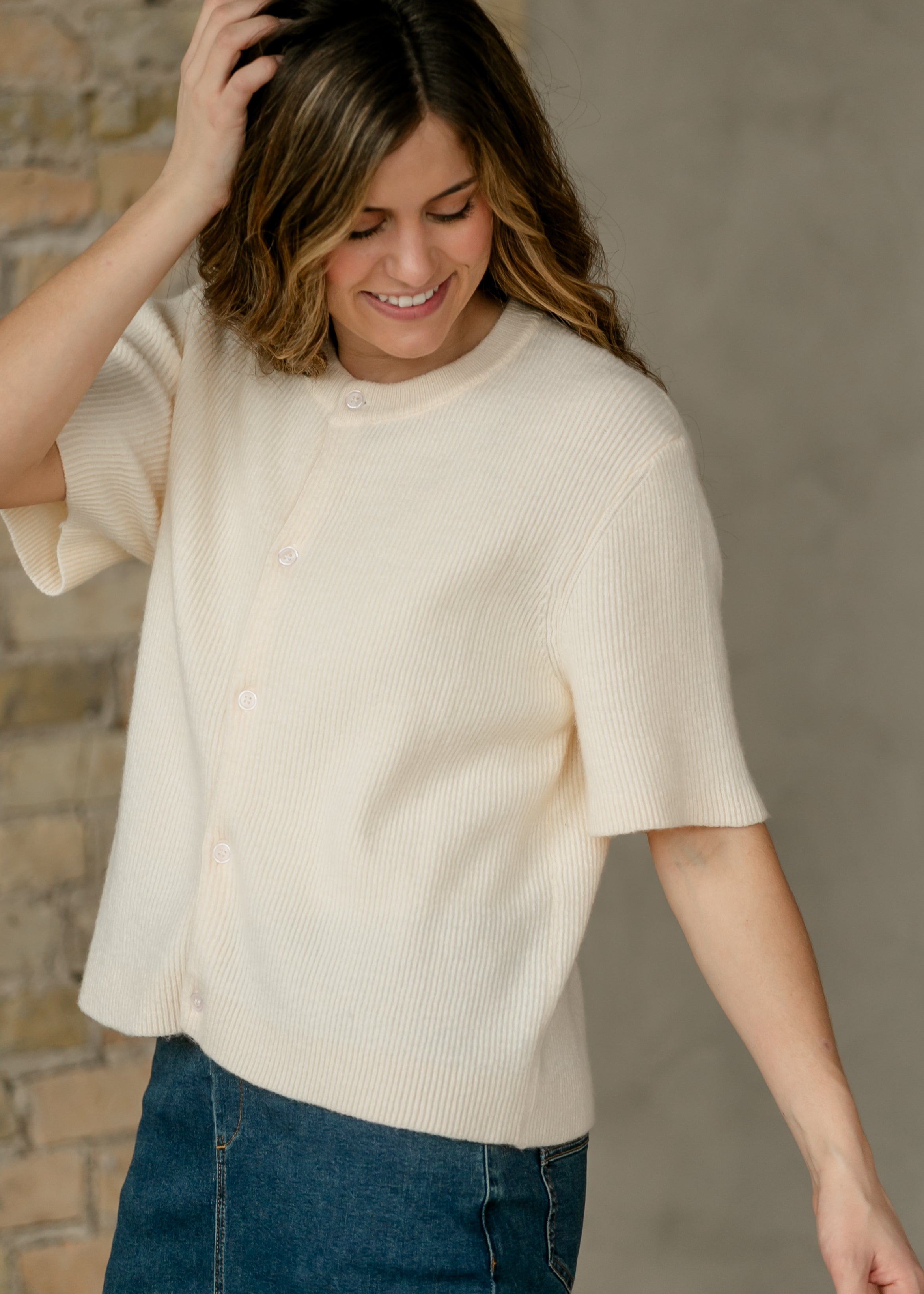 Ivory short-sleeve button cardigan — view 8