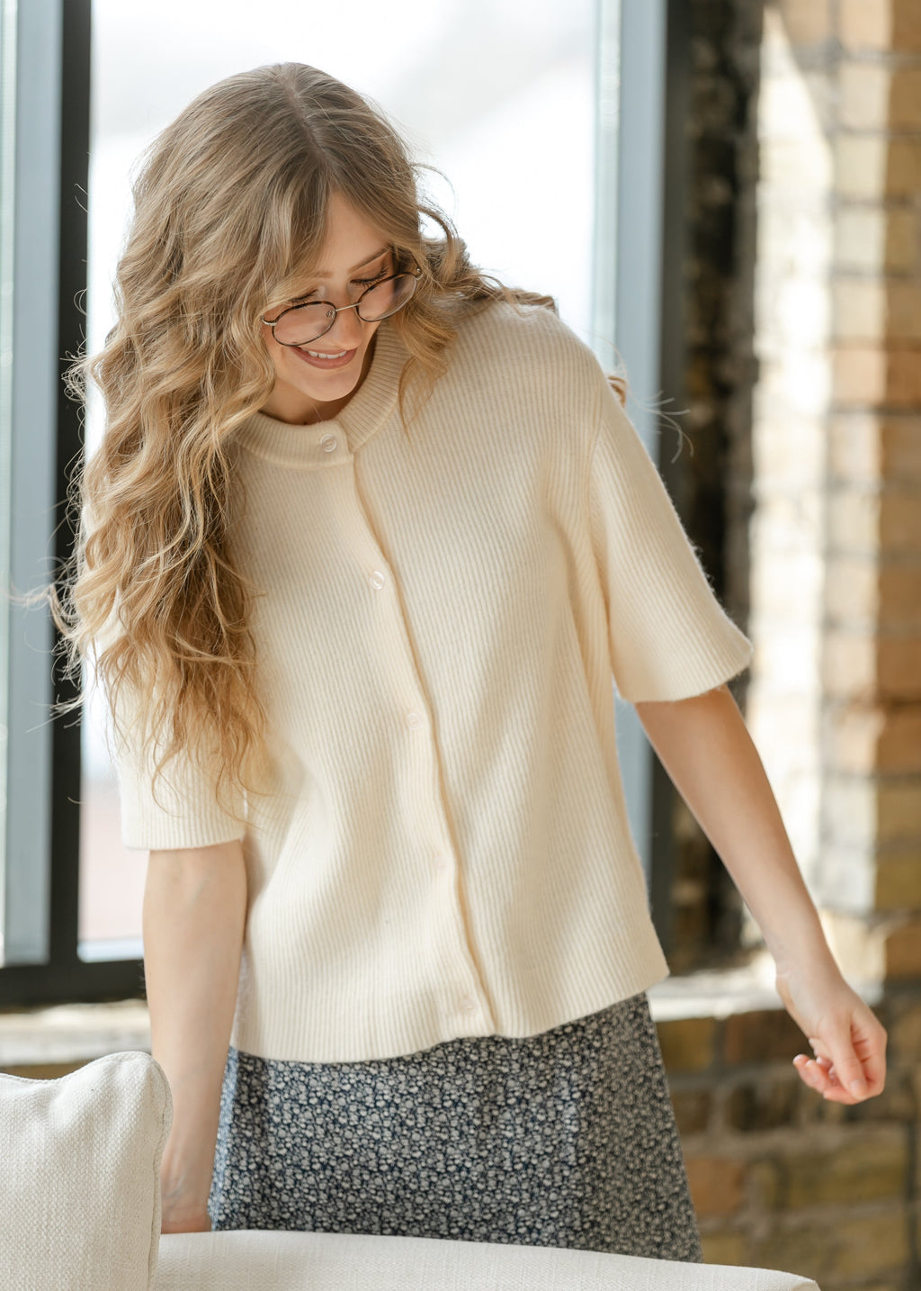 Ivory short-sleeve button cardigan — view 3