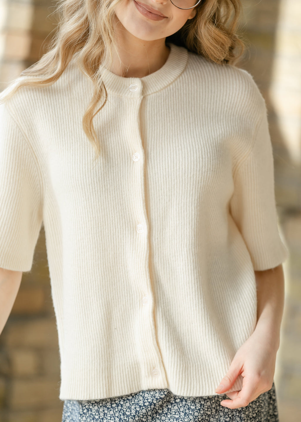 Ivory short-sleeve button cardigan — view 6